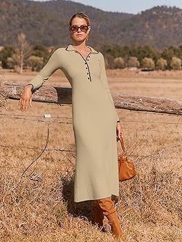 MEROKEETY Women's Long Sleeve V Neck Sweater Dress Button Ribbed Knit Slim Fit Elegant Maxi Dress... | Amazon (US)