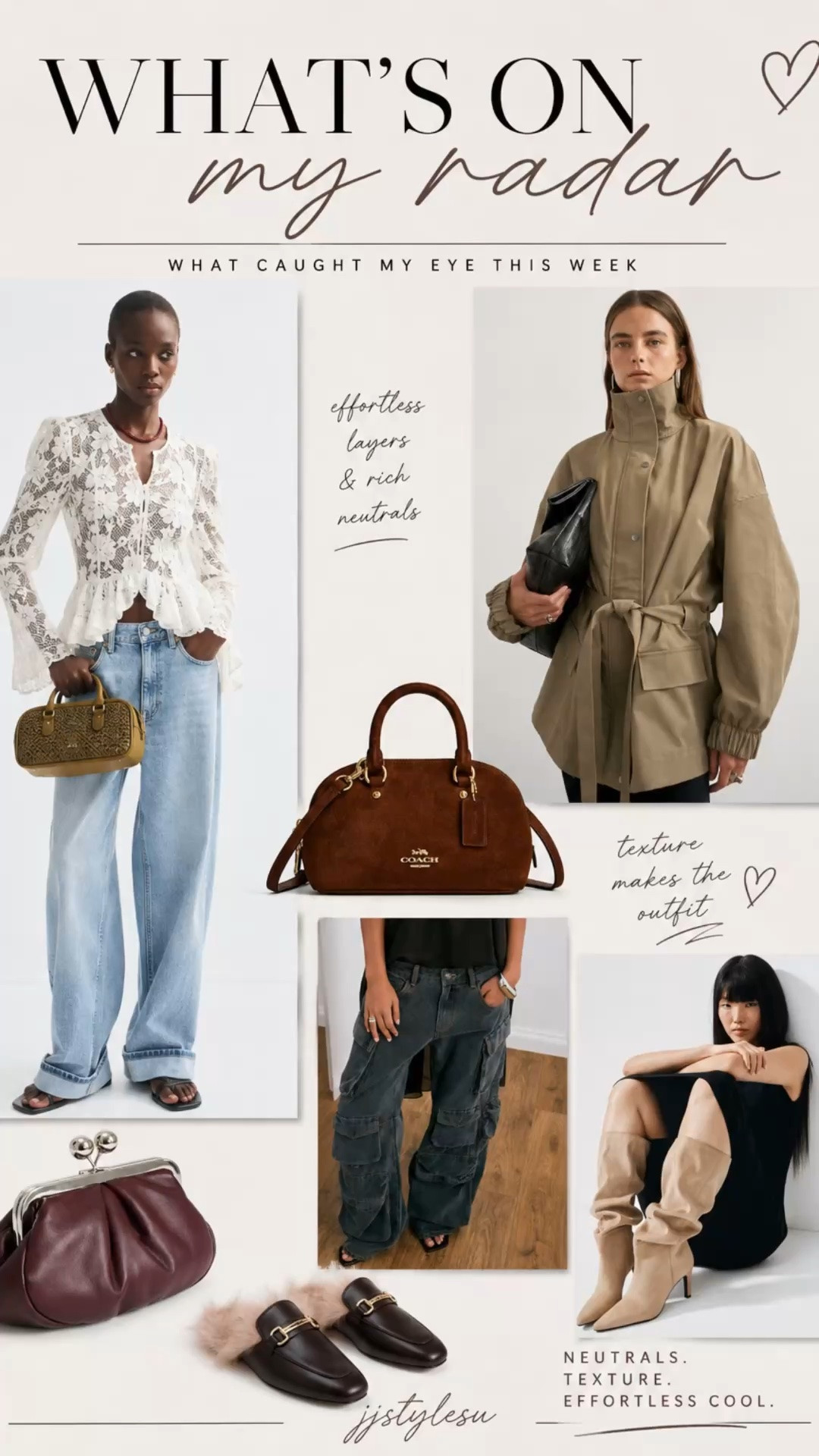Rich suede, deep burgundy, romantic lace, utility cargo, and soft neutral layers are setting the tone for fall 🍂These are the pieces I keep coming back to—elevated, wearable, and easy to mix into a timeless wardrobe.

If I were building a fall capsule today, these would all make the cut.

✨ Which one is going straight to your cart—the lace blouse, the suede Coach bag, the utility jacket, the cargo denim, or the slouchy boots, or the faux fur mules. 
( I just preorder these today 🤩)

#LTKStyle #LTKFinds #StyleEdit #FallStyle #NeutralStyle #CapsuleWardrobe #CoastalStyle #ClassicStyle #FallFashion #WardrobeInspiration #EverydayStyle #FashionEditor #StyleInspo #QuietLuxury #WearableTrends #LTKFall