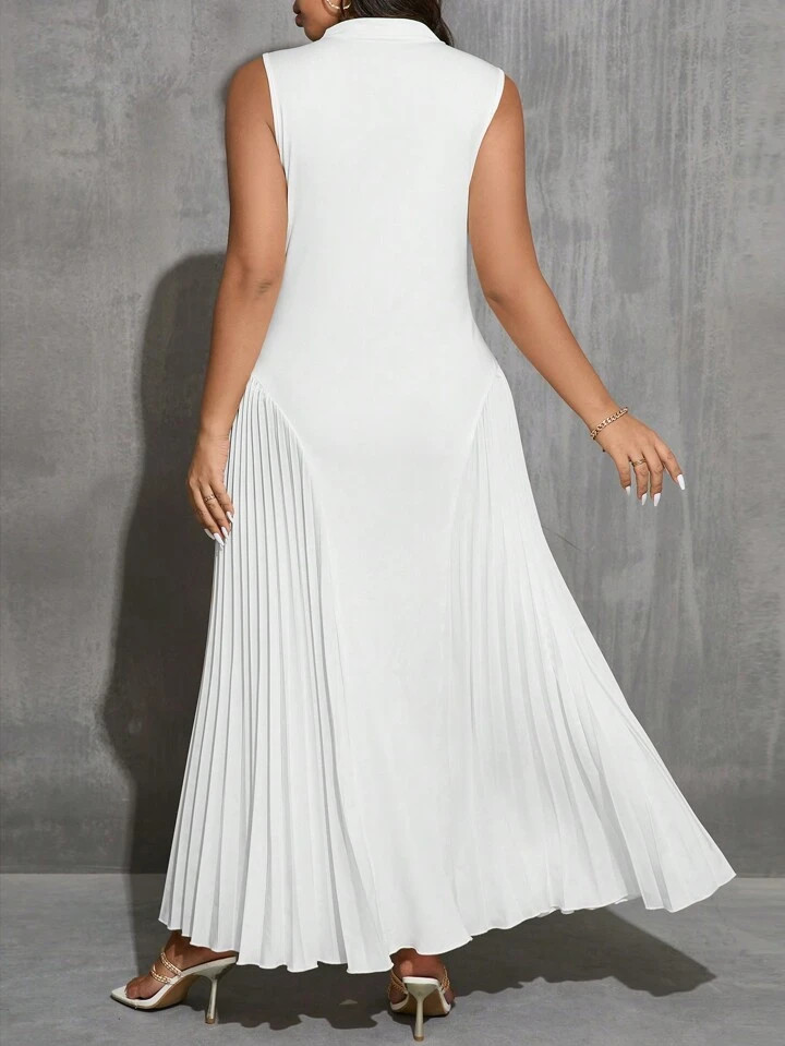 SHEIN Privé Plus Size Elegant Pleated Round Neck And Stand Collar Sleeveless Fit And Flare Apric... | SHEIN