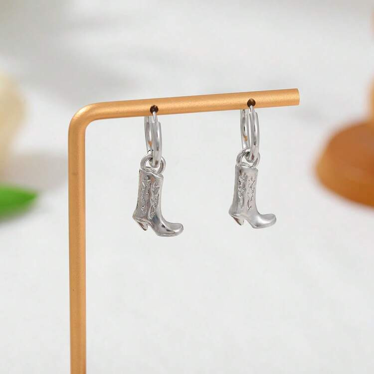 1 Pair Silver Stainless Steel Hoop Earrings With Detachable Cowboy Boot Copper Pendant, Casual & For Women | SHEIN