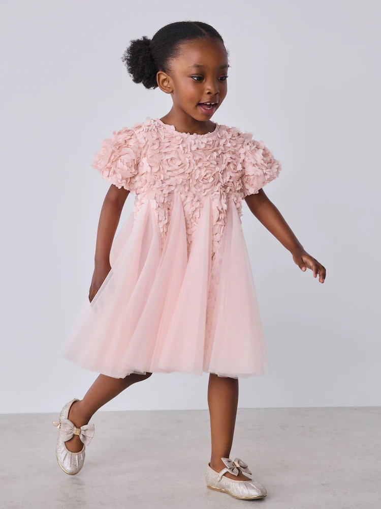 Baker by Ted Baker Pink 3D Textured Floral Mesh Godet Dress | Next US