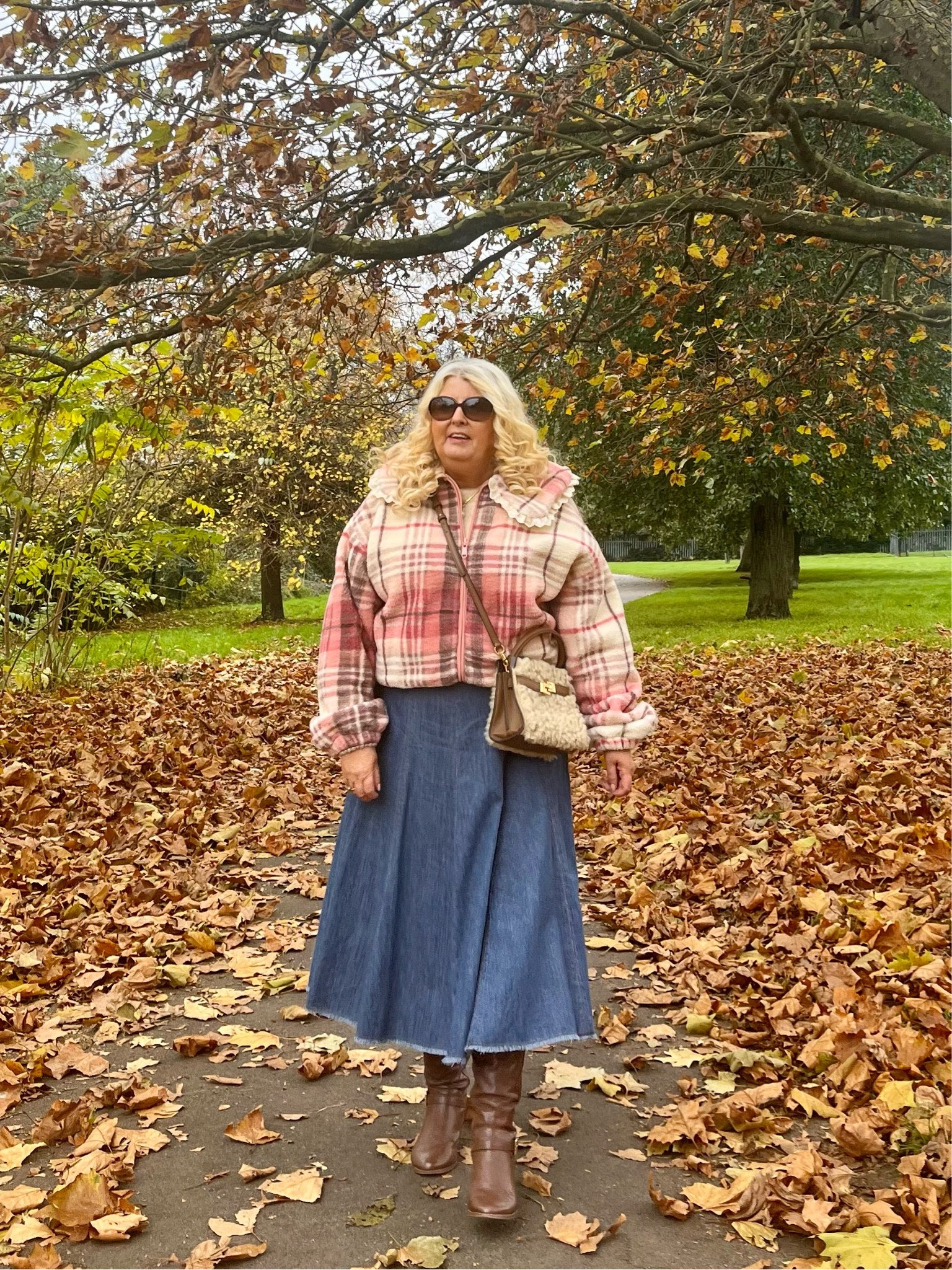 Autumn winter cosy look with denim mini skirt and plaid jacket 
Complete with brown boots and a cute bag 

#LTKeurope #LTKstyletip #LTKSeasonal