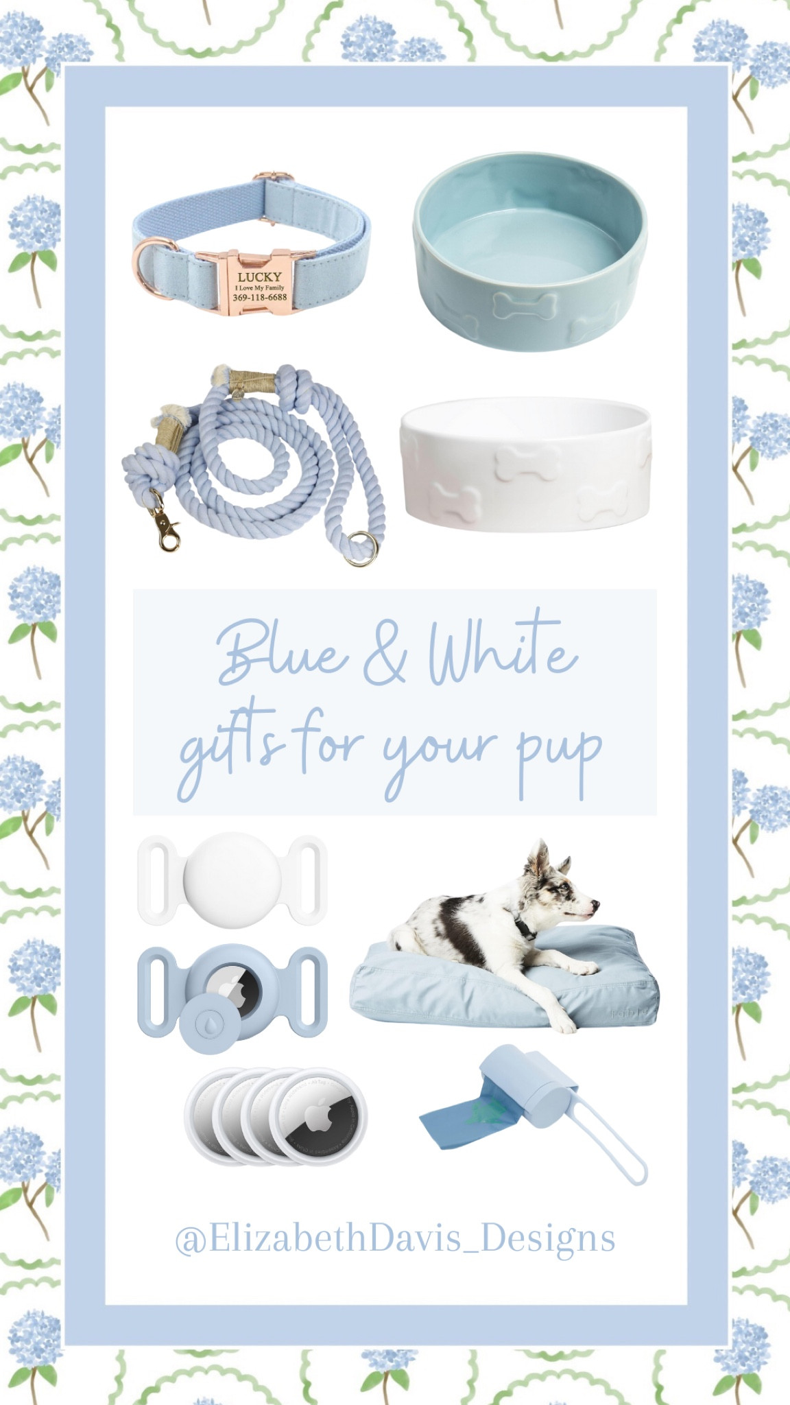 Blue & White Gifts for your favorite pup! I have & love these bowls, the AirTag collar holders, air tags & collar… next on my list is that gorgeous dog bed & leash! 

Also added a few fun toys for Christmas! George already has those treats & toys in his stocking ☺️
#ltkpets #letdogs #puppy #blueandwhite #christmass

#LTKHoliday #LTKSeasonal #LTKGiftGuide