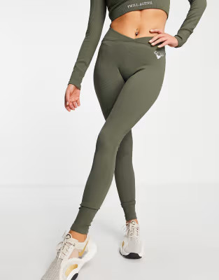 Twill Active recycled sustainable seamless ribbed v waist leggings in khaki | ASOS (Global)