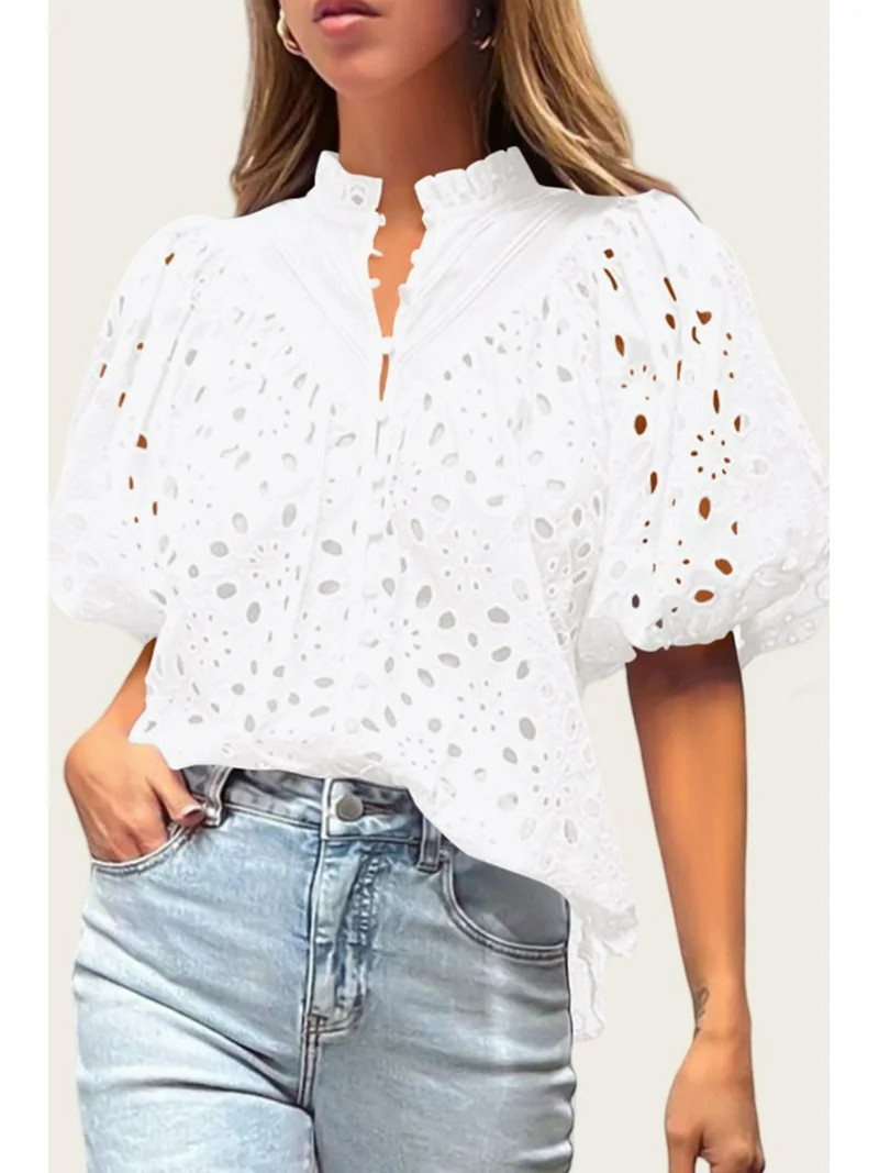 PRETTYGARDEN Women's Summer Tops Dressy Casual Short Lantern Sleeve V Neck Buttons Hollow Out Lac... | Walmart (US)