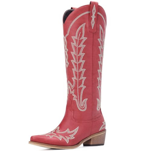 Rivalran Wine-red Cowboy Boots for Women - Knee High Embroidered Western Cowgirl Boots, Pointed Toe Chunky Heel Retro Country Boots, Pull On Zipper Vintage Fashion Tall Boots for Ladies US Size 9.5 | Amazon (US)