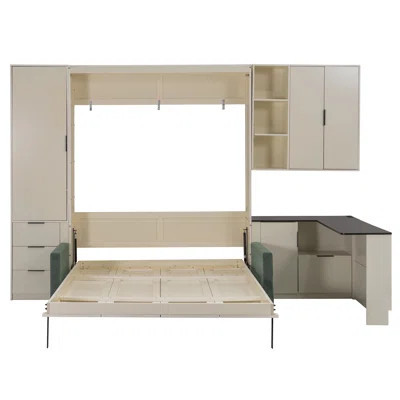 Queen Murphy Wall Bed with Hydraulic Storage, Sofa, Shelves & Drawers, LED/USB Lighting, Panel & Sofa | Wayfair North America