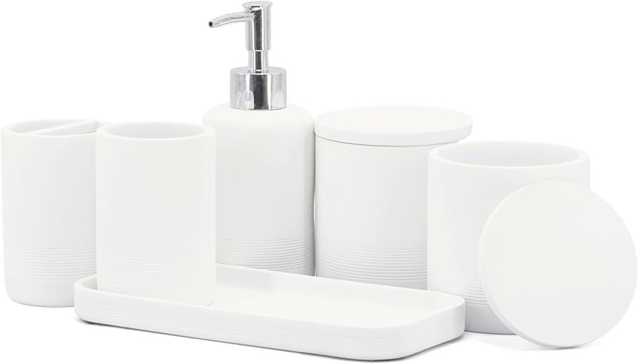 ZCCZ - White Bathroom Accessories Set 6 Pcs - Toothbrush Holder, Lotion Soap Dispenser, 2 Qtip Ho... | Amazon (CA)