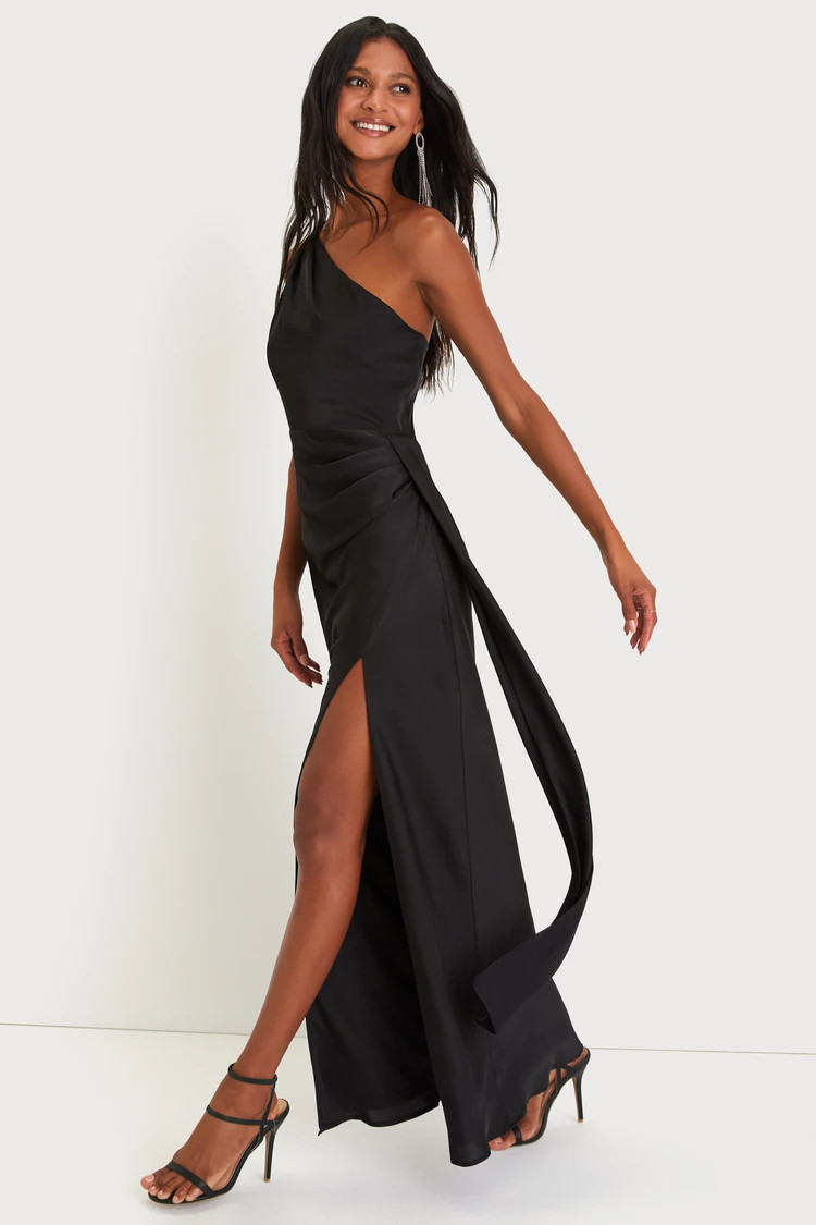 Signature Elegance Black Satin One-Shoulder Maxi Dress | Lulus