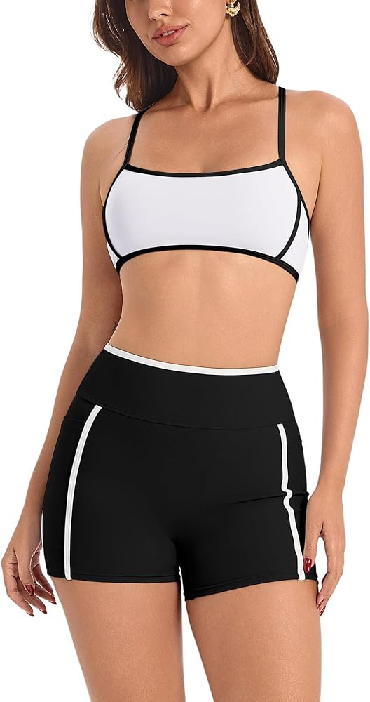 ABOCIW Workout Sets for Women 2 Piece Color Block Strappy Sports Bra High Waist Shorts Gym Yoga P... | Amazon (US)