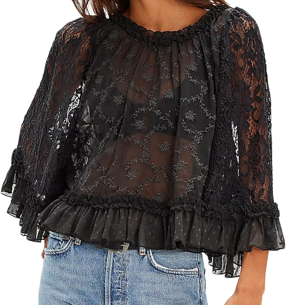 Women Boho Flowy Lace Blouse Long Sleeve Crew Neck See Through Ruffle Sheer Tops | Amazon (US)