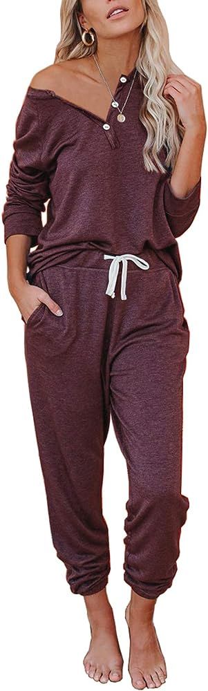 EFAN Women's Loungewear Sets Button Up 2 Piece Sweatsuit Long Sleeve Pullover Tops and Sweatpants... | Amazon (US)