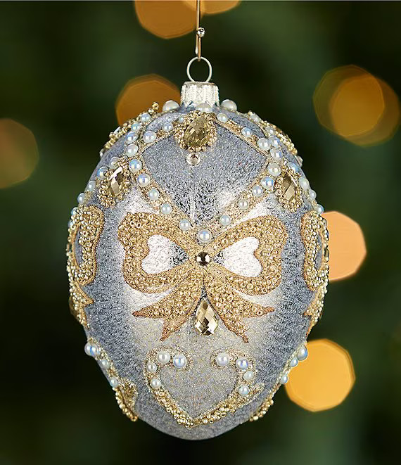 Southern Living Blue Christmas Collection Glittered Bow Polish Blown Glass Egg Shaped Ornament | ... | Dillard's
