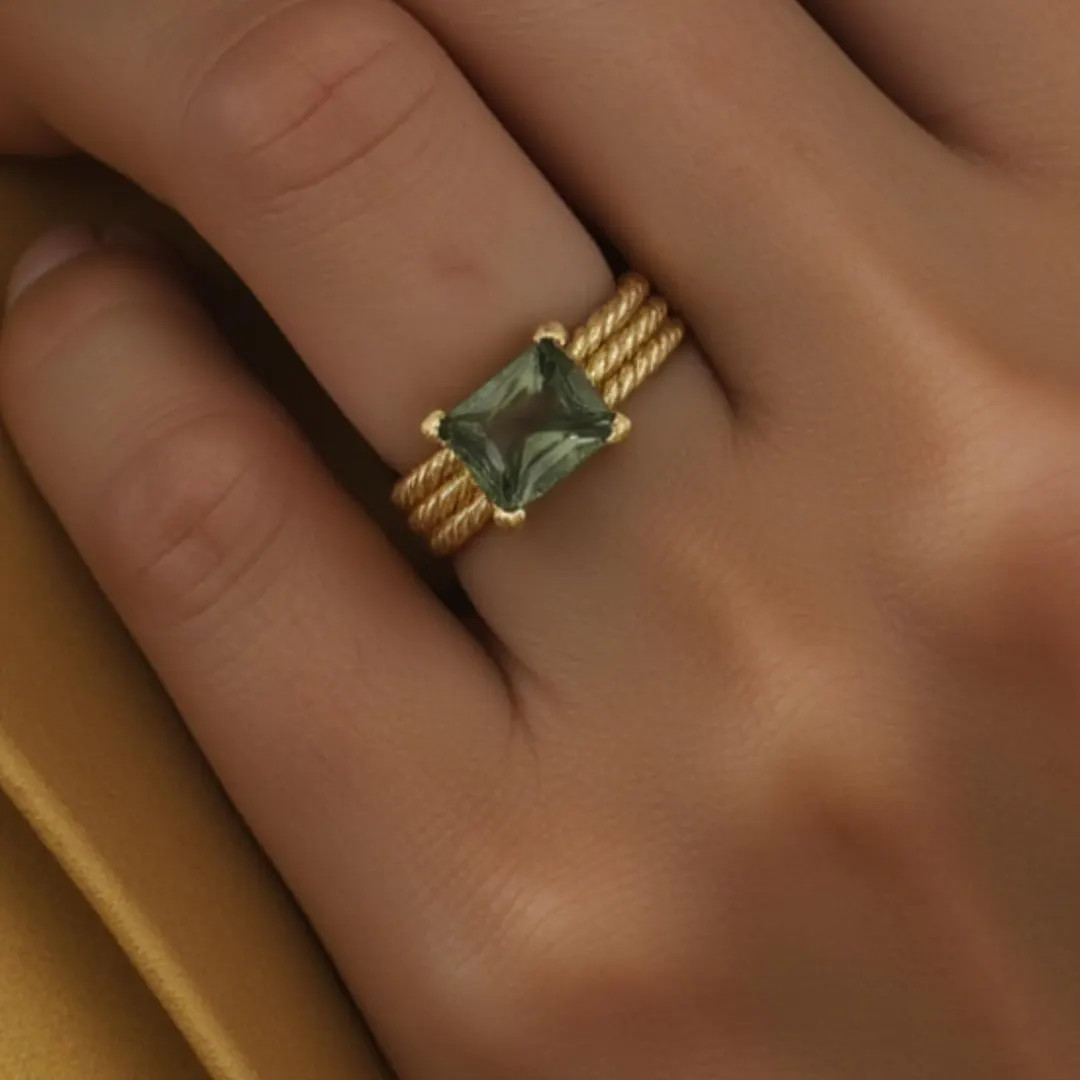 Gold Green Ring Twisted Rope Design Band Square Crystal Elegant Statement Piece Vintage Look Styl... | Etsy (US)