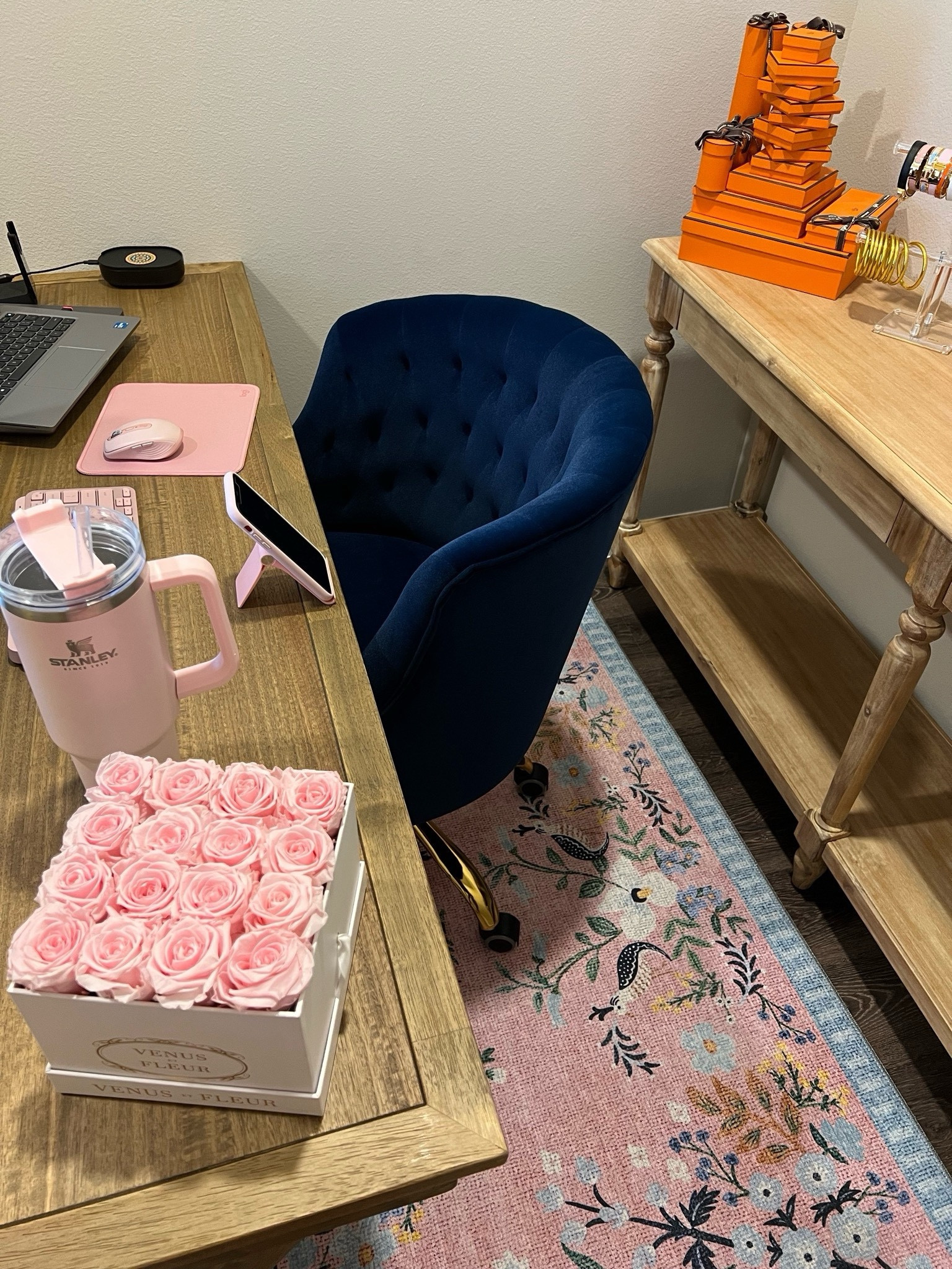 Home office! Blue velvet chair,
Pink boho girly Anthropologie rug, world market desk and console table   



#LTKHome #LTKFindsUnder100 #LTKSeasonal