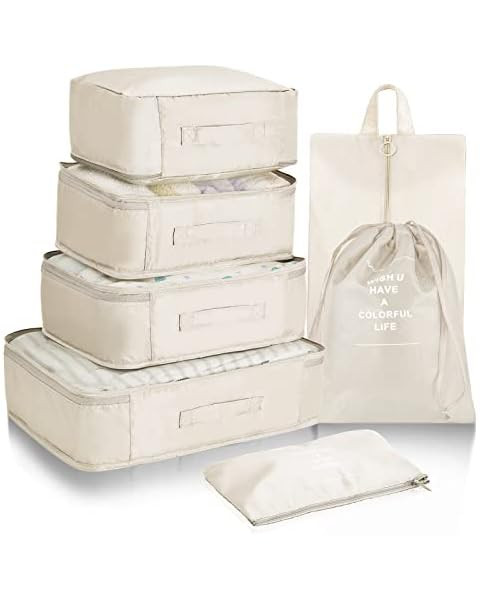 VAGREEZ Packing Cubes, 7 Pcs Travel Luggage Packing Organizers Set with Toiletry Bag (Beige) | Amazon (US)