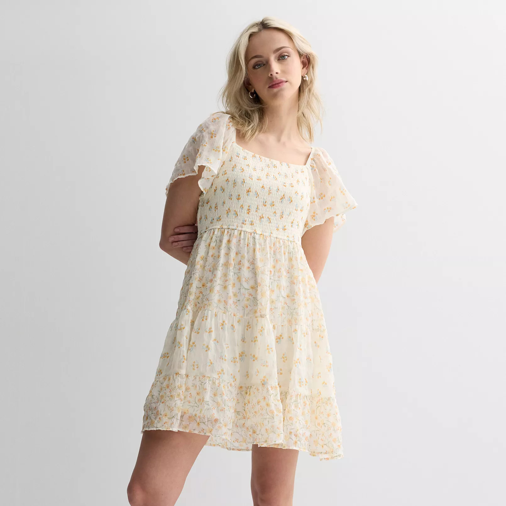 Juniors' Rewind Flutter Sleeve Smocked Bodice Dress | Kohl's