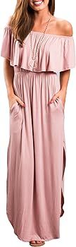 Womens Off The Shoulder Ruffle Party Dress Casual Side Split Beach Long Maxi Dresses with Pockets | Amazon (US)