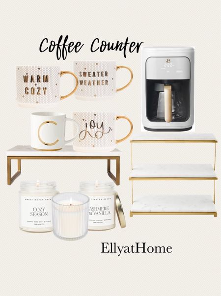 Coffee counter, coffee bar fall styling. Fall, elegant mugs with gold accents, marble serving tray stands, best selling Beautiful coffeemaker, fall fragrant candles. Fall home decor accessories. Sweet water mugs and candles. Amazon home finds, Target, William Sonoma. Free shipping. 

#LTKsalealert #LTKhome #LTKHoliday
