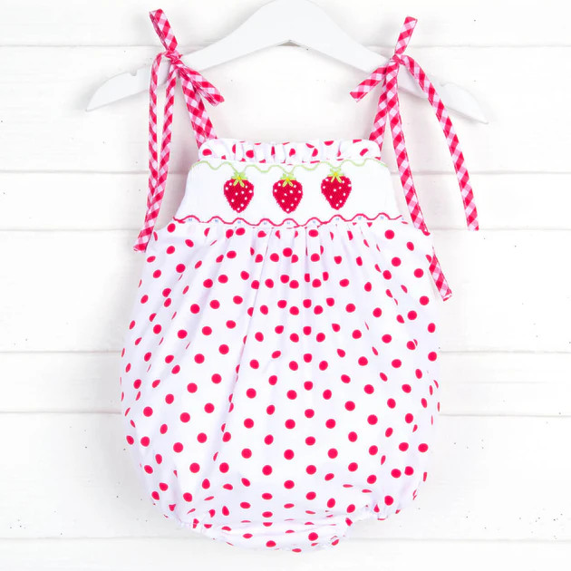 Strawberry Smocked Tie Strap Bubble Red Polka Dot | Classic Whimsy