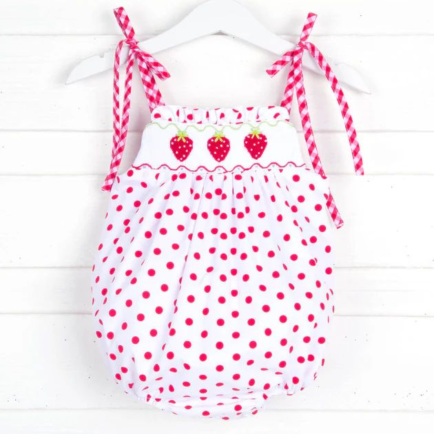 Strawberry Smocked Tie Strap Bubble Red Polka Dot | Classic Whimsy