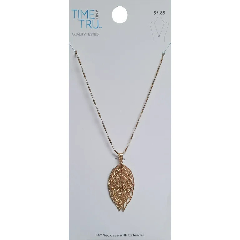 Time and Tru Women's 34" Long Necklace with Filagree Leaf Pendant in Imitation Gold Plating. | Walmart (US)