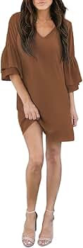 BELONGSCI Women's Dress Sweet & Cute V-Neck Bell Sleeve Shift Dress Mini Dress | Amazon (US)