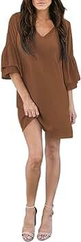 BELONGSCI Women's Dress Sweet & Cute V-Neck Bell Sleeve Shift Dress Mini Dress | Amazon (US)