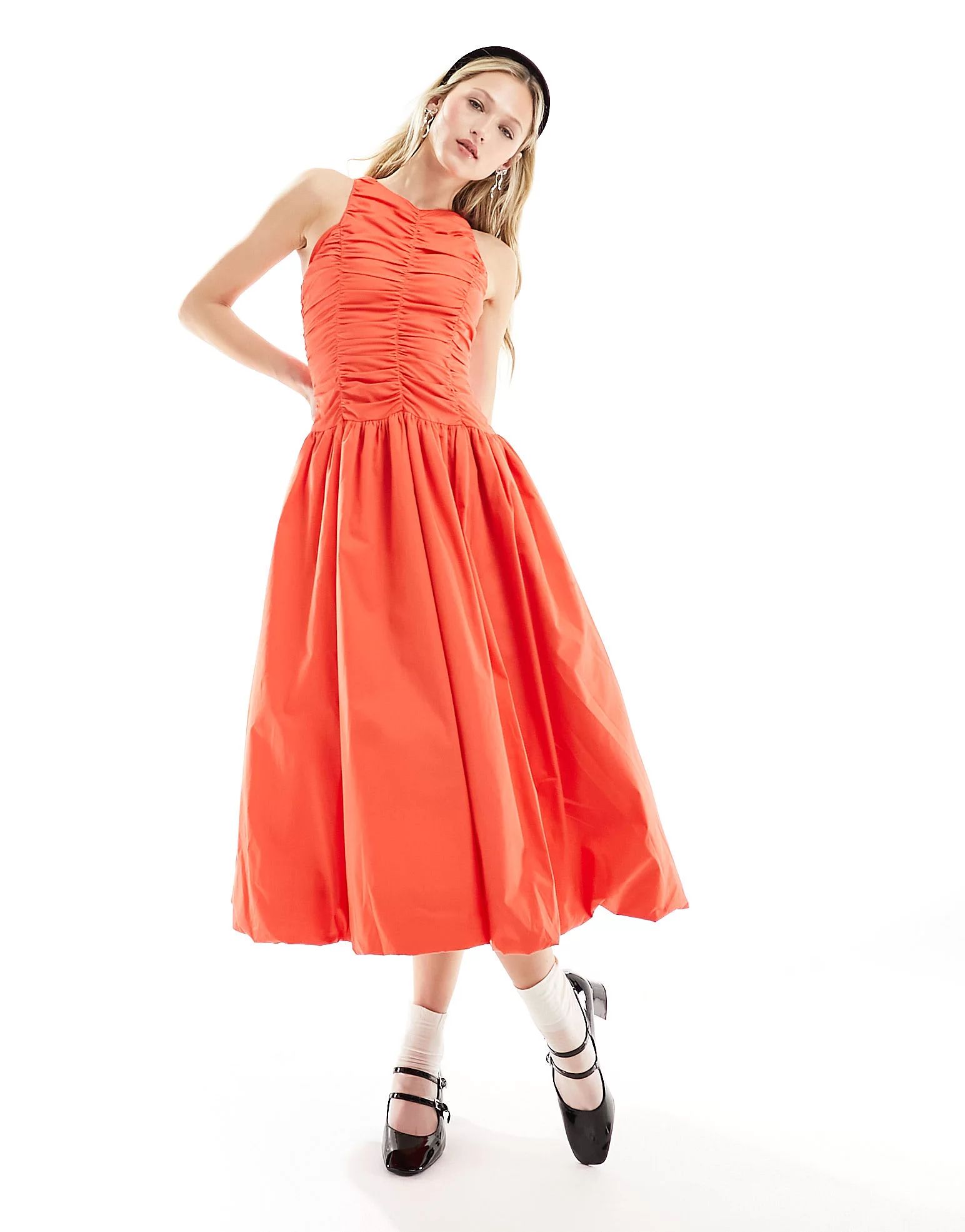 Amy Lynn Elodie utility ruffle midi dress with puffball skirt in blood orange | ASOS (Global)