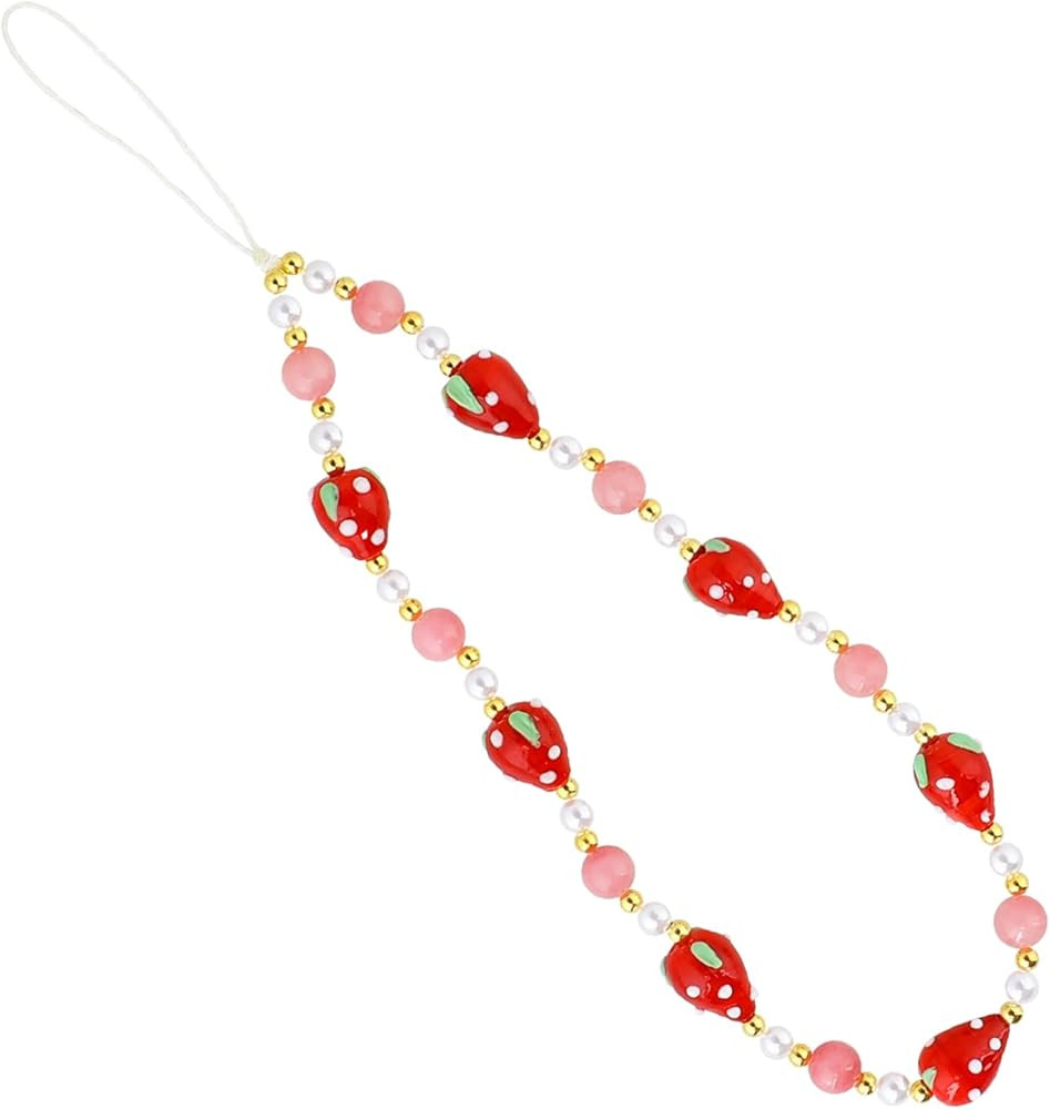 Strawberry Beaded Phone Charm Sweet Fruit Pearl Lanyard Wrist Strap Cute Beaded Phone Charms Lany... | Amazon (US)
