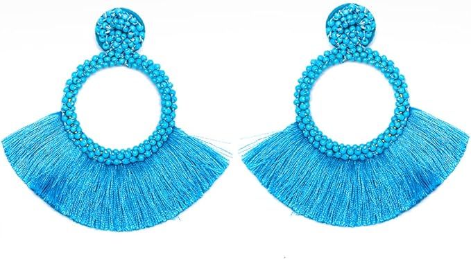 Beaded Hoop Tassel Earrings, Big Boho Bead Fan Tassel Dangle Earrings, Large Bohemian Beaded Stat... | Amazon (US)