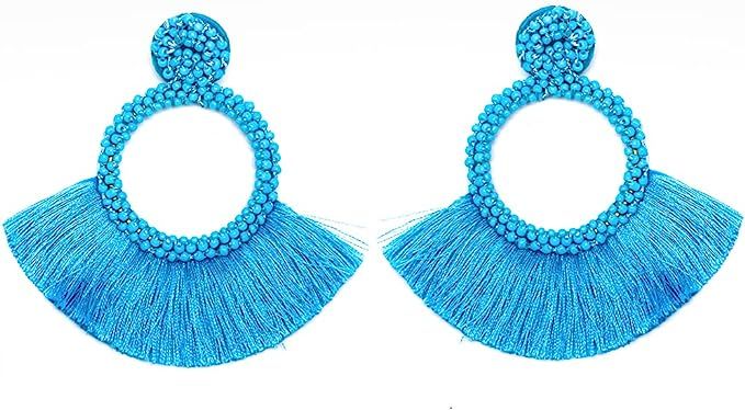 Beaded Hoop Tassel Earrings, Big Boho Bead Fan Tassel Dangle Earrings, Large Bohemian Beaded Stat... | Amazon (US)