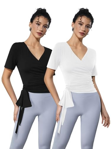 SweatyRocks Women's Pilates Outfits Wrap Tops Ballet Yoga Coquette Shirt Cute Long Sleeve Workout Activewear Short Sleeve Black and White Small | Amazon (US)
