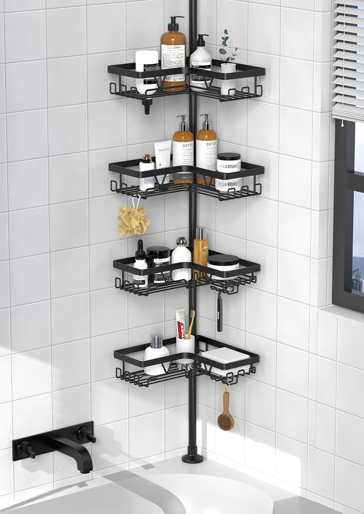 KEGII Corner Shower Caddy Shower Tension Rod Organizer 25-114.2 inch Black | Amazon (US)
