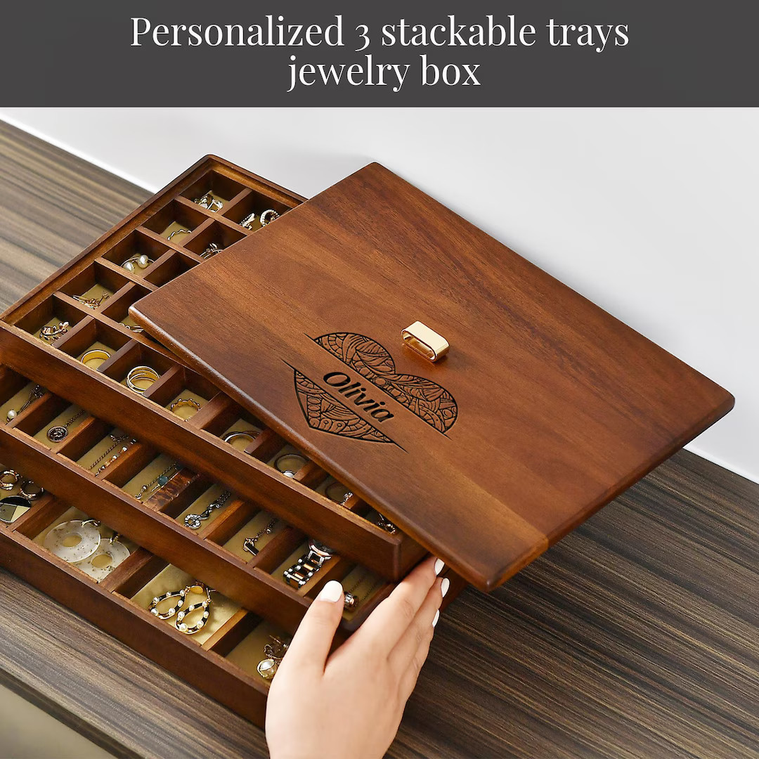 Stackable Jewelry Tray Organizer 3 Layer Large Wooden Jewelry Box With 56 Compartments and Lid Cu... | Etsy (US)