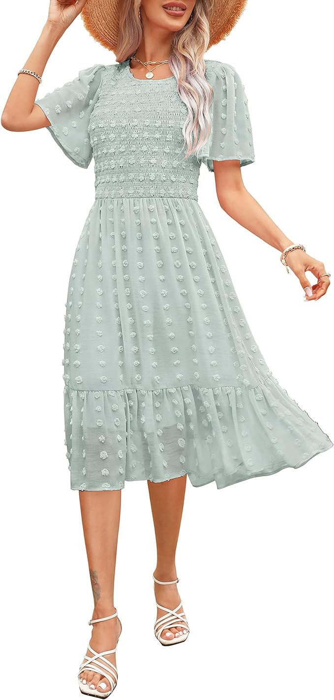 Annebouti Women's 2024 Summer Spring Wedding Guest Dresses Short Sleeve Casual Flowy Swiss Dot Sm... | Amazon (US)