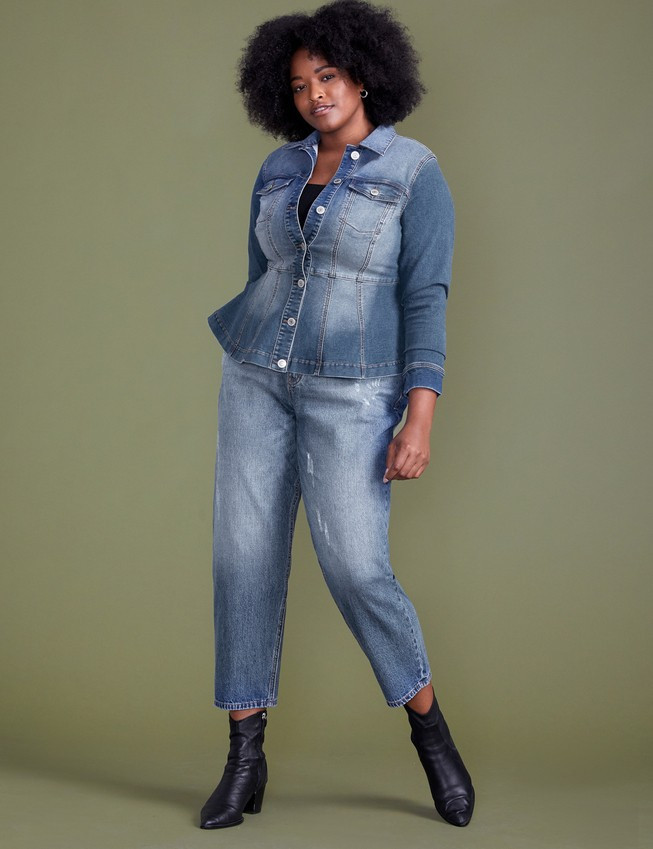 ELOQUII Elements Denim Peplum Jacket - Medium Wash | Eloquii