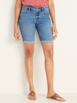 Mid-Rise Cuffed Bermuda Slim Jean Shorts for Women -- 9-inch inseam | Old Navy (US)