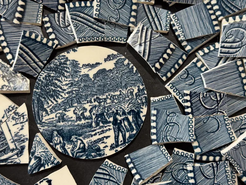 143 Vintage Blue Transferware Scenic China Mosaic Tiles - Handcut Broken Plate Tiles - Etsy | Etsy (US)