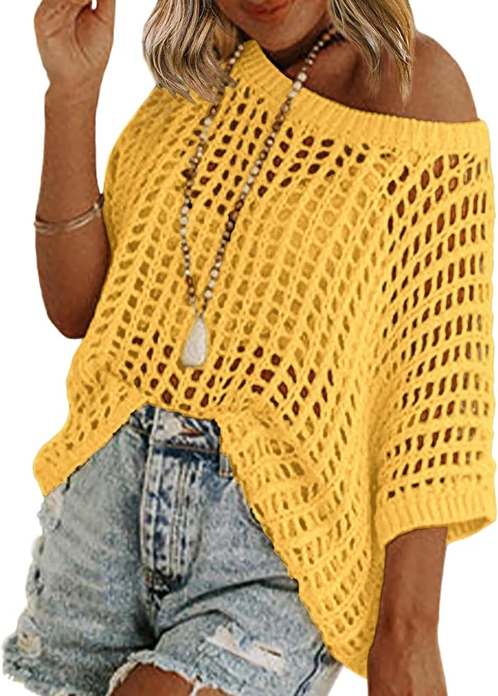 Zeagoo Short Sleeve Crochet Sweater Lightweight Summer Tops Beach Cover Ups | Amazon (US)