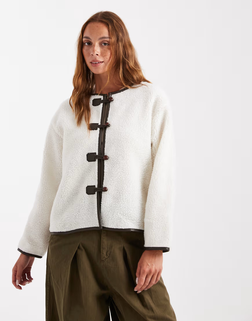 Brave Soul teddy collarless jacket with toggle closures in cream-White | ASOS (Global)