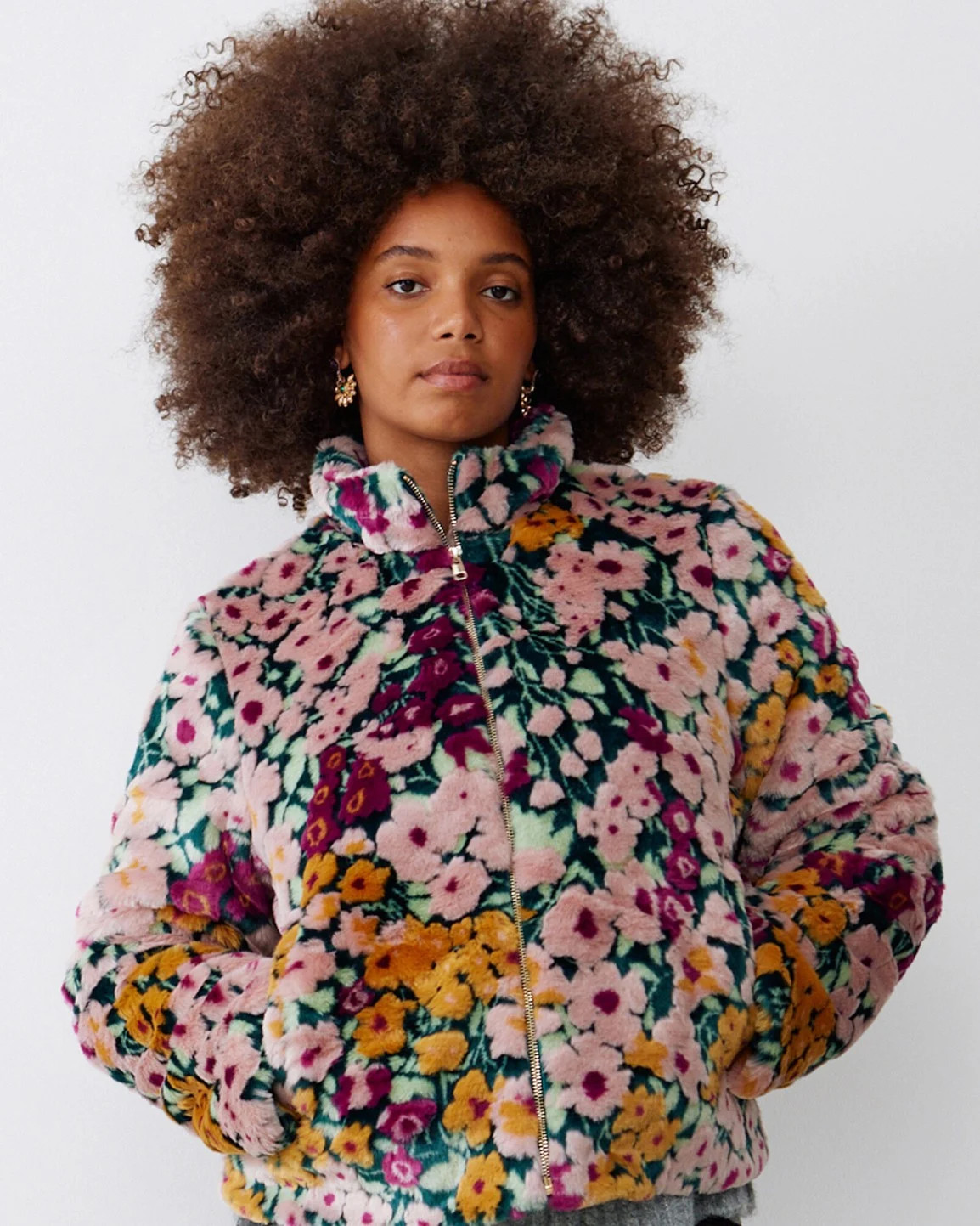 Floral Green Faux Fur Coat | Oliver Bonas (Global)