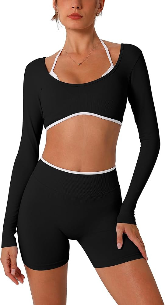 ABOCIW Workout Sets for Women 2 Piece Seamless Color Block Long Sleeve Crop Top Scrunch Butt High... | Amazon (US)