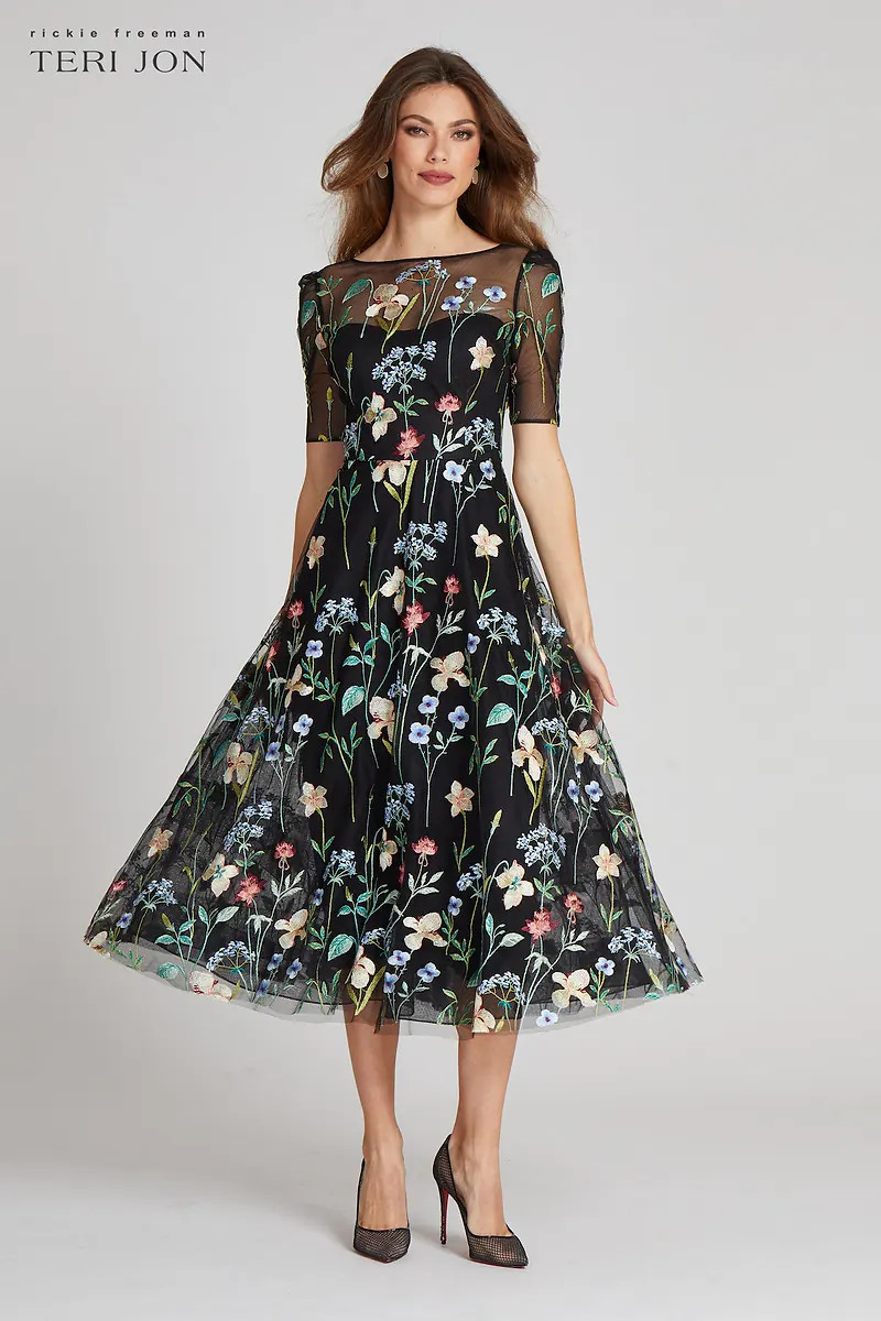 Embroidered Tulle Dress With Floral Print | TERI JON