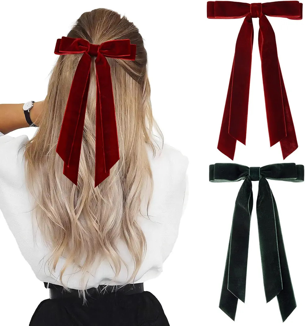2PCS Velvet Hair Bows Ribbon Hair Clip Wine Red Green Accessories Ponytail Holder Accessories Sli... | Amazon (US)