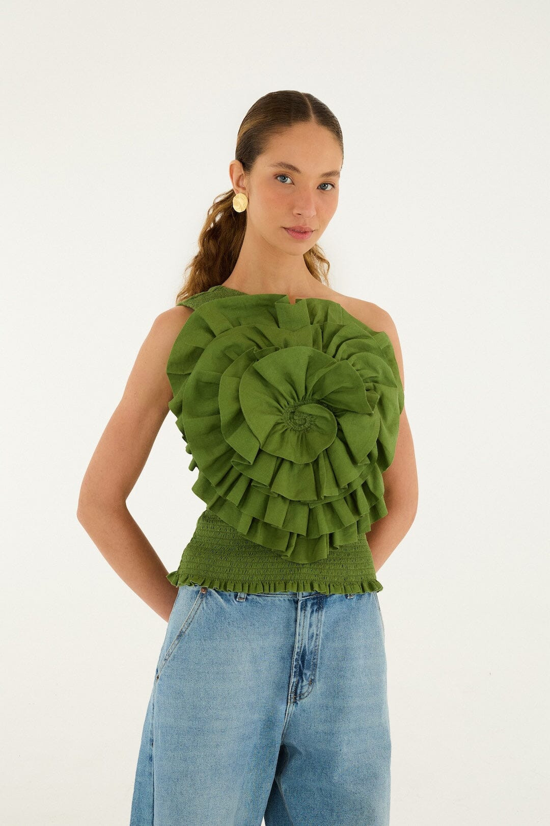 Green One Shoulder Lenzing Ecovero Euroflax Blouse | FARM Rio | FarmRio (US)