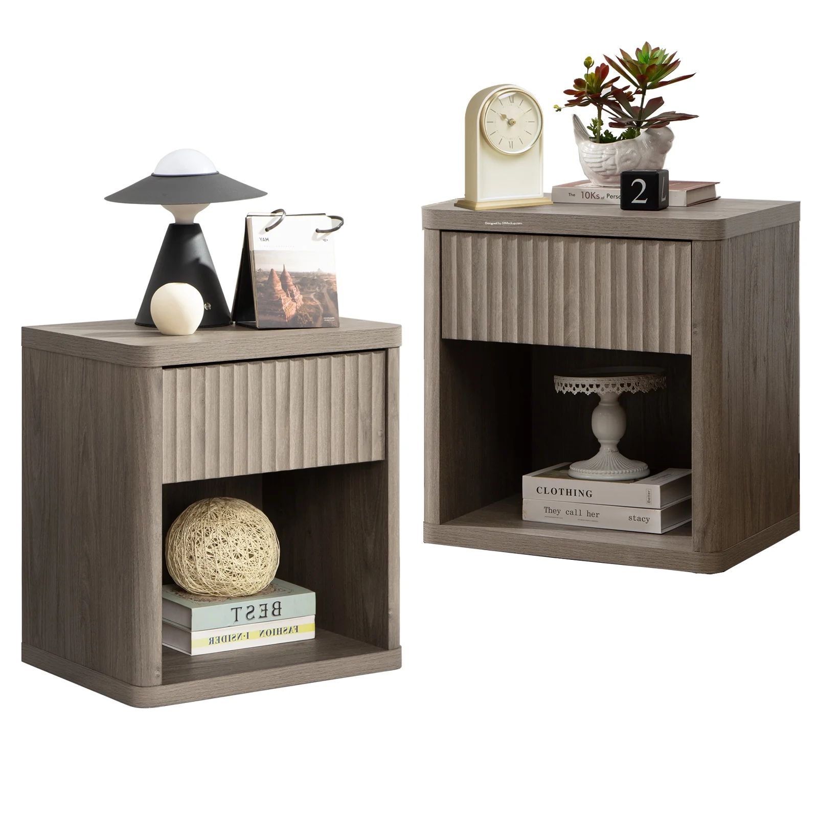 SICOTAS Gray Nightstands Set of 2 with Drawer Modern Wood Bedside Table End Table for Bedroom Liv... | Walmart (US)