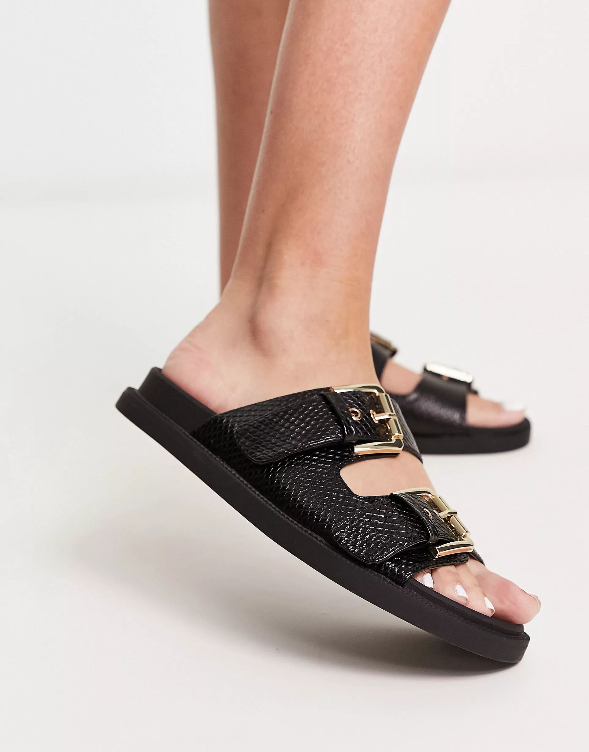 London Rebel Wide Fit chunky double buckle footbed slides in black | ASOS (Global)