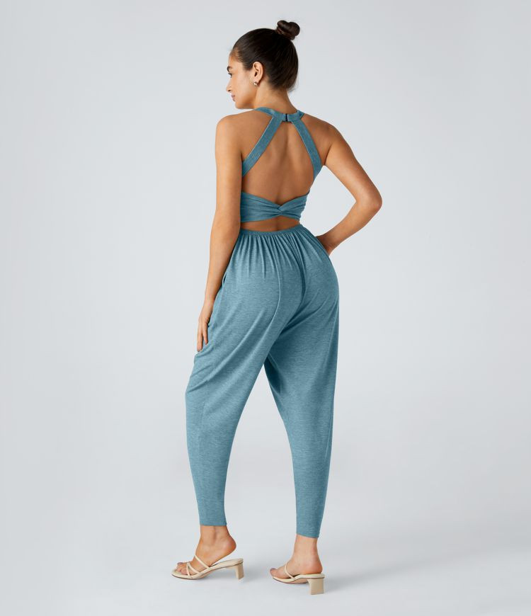Women’s Backless Twisted U Neck Side Pocket Harem Casual Jumpsuit-Easy Peezy Edition - Halara | HALARA