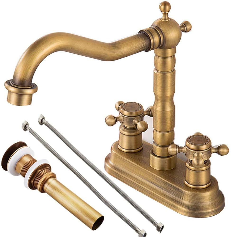 Gecious Antique Brass Centerset Faucet Two Handle with Pop-up Drain and Hoses, 360° Swivel Cross... | Amazon (US)